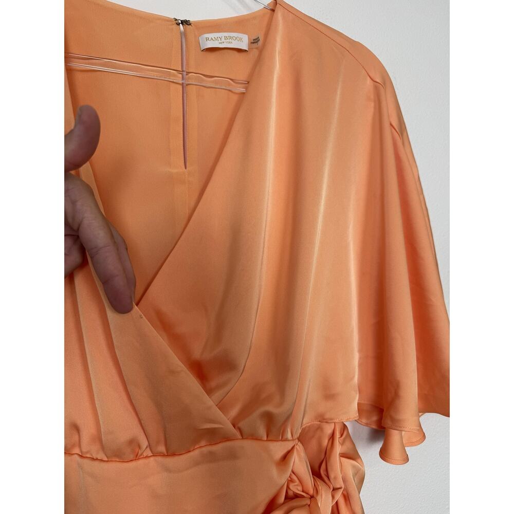 Ramy Brook Peach Satin Dress Womens 8 Wrap Mini Flutter Sleeve Bow Party M - Picture 11 of 12